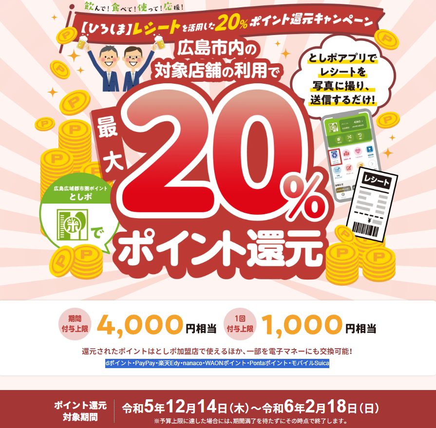 【ひろしま】レシートを活用した20%ポイント還元キャンペーン
