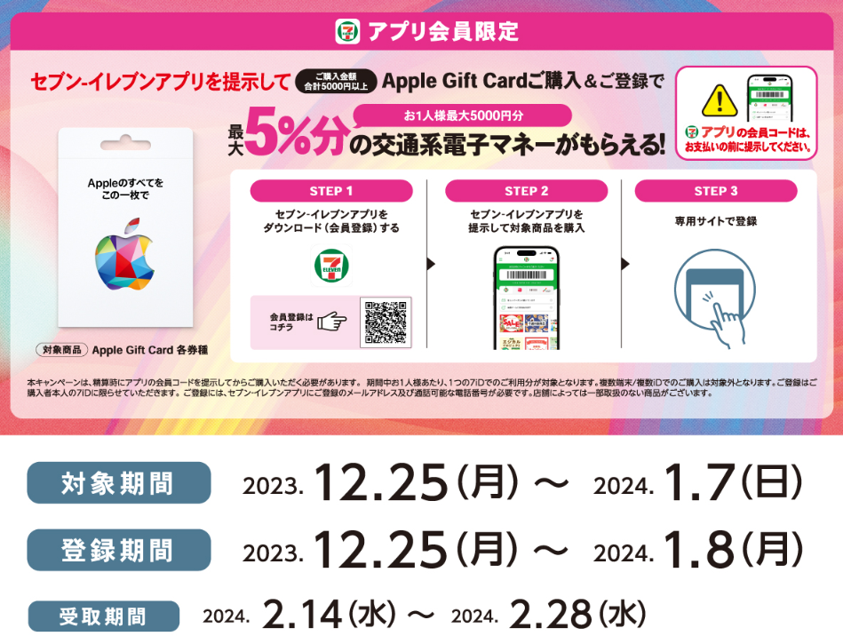 セブン‐イレブン｜Apple Gift Card 交通系電子マネーキャンペーン
