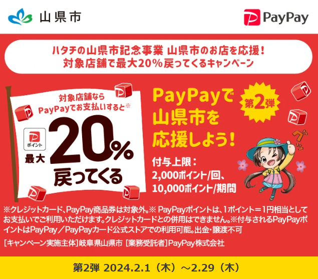 ハタチの山県市記念事業　山県市のお店を応援！対象店舗で最大20％戻ってくるキャンペーン｜PayPay