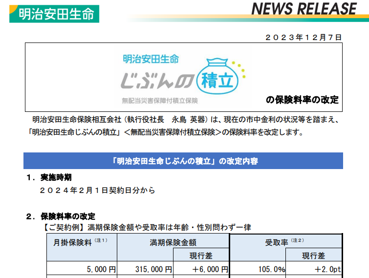 「明治安田生命じぶんの積立」の保険料率の改定｜明治安田生命