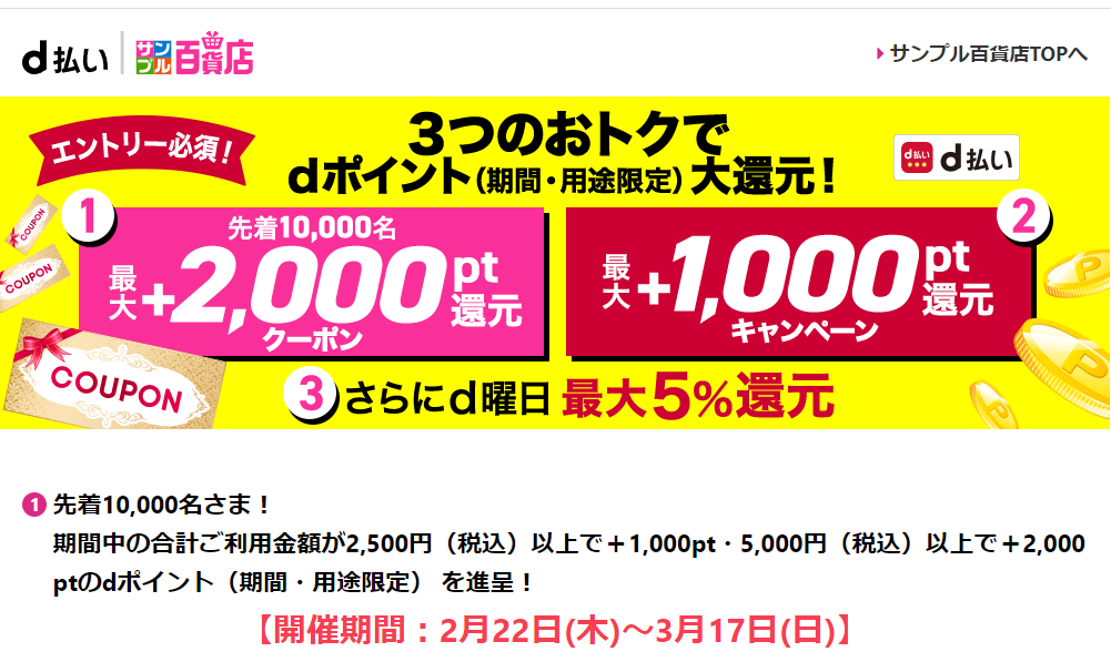 ３つのおトクでdポイント大還元！先着10000名さまに最大＋2000ポイント還元のクーポン進呈