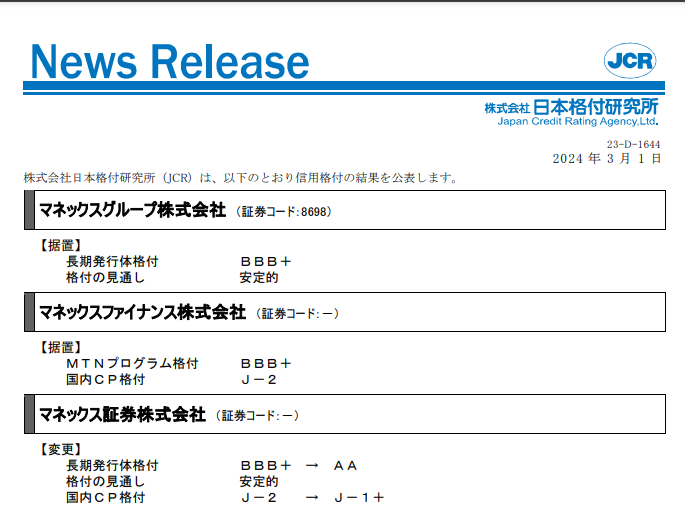 【マネックス証券】格上げ：BBB+→AA／安定的，J-2→J-1+｜日本格付研究所