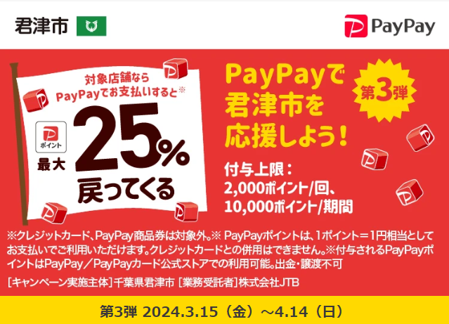 君津市応援キャンペーン　キャッシュレス決済利用で最大25％が戻ってくる　第3弾｜PayPay