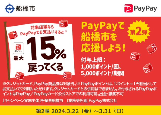 第2弾ふなばしキャッシュレス！最大15％戻ってくる！春の生活応援キャンペーン｜PayPay