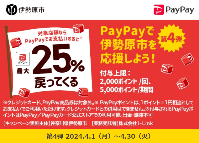 フレフレいせはら！キャッシュレス決済で最大25％戻ってくるキャンペーン第4弾｜PayPay
