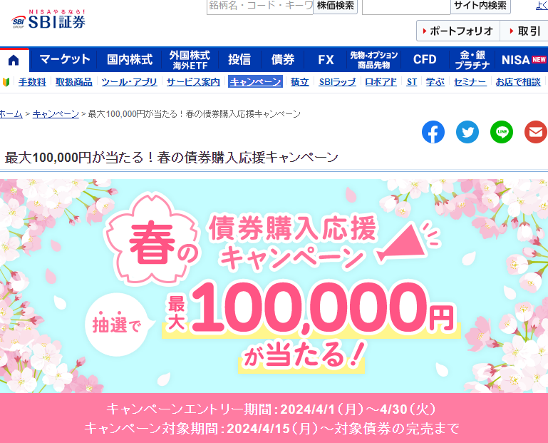 最大100,000円が当たる！春の債券購入応援キャンペーン｜SBI証券