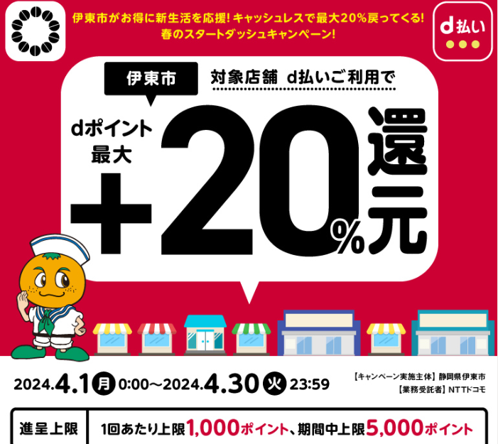 伊東市がお得に新生活を応援！　キャッシュレスで最大20％戻ってくる！　春のスタートダッシュキャンペーン！| d払い