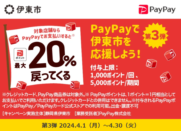 伊東市がお得に新生活を応援！　キャッシュレスで最大20％戻ってくる！　春のスタートダッシュキャンペーン！｜PayPay