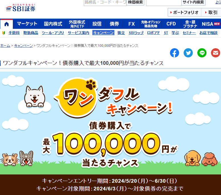 ワンダフルキャンペーン！債券購入で最大100,000円が当たるチャンス｜SBI証券｜株・FX・投資信託・確定拠出年金・NISA