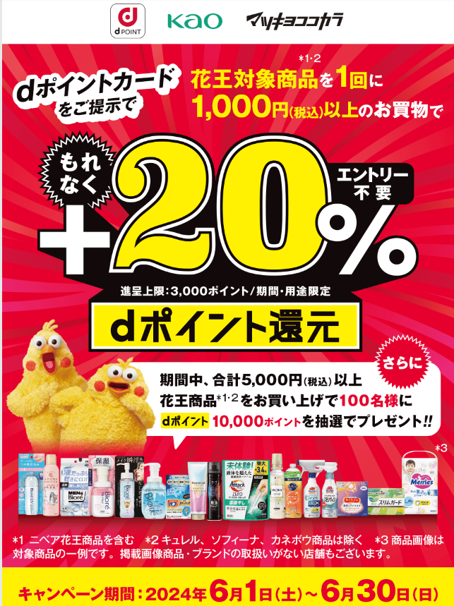 【dポイントクラブ】マツモトキヨシ・ココカラファイン 花王対象商品をご購入でもれなく＋20％dポイント還元キャンペーン｜キャンペーン
