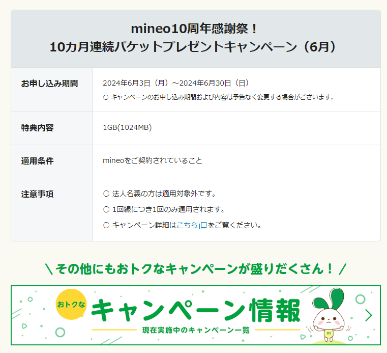 mineo10周年感謝祭！10カ月連続パケットプレゼントキャンペーン（6月）