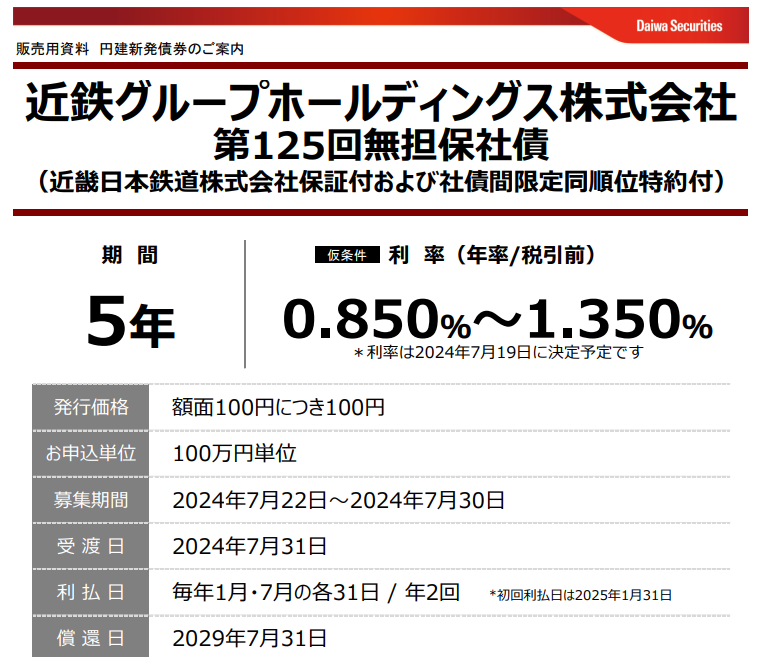 近鉄グループホールディングス株式会社 第123回無担保社債 | 大和証券