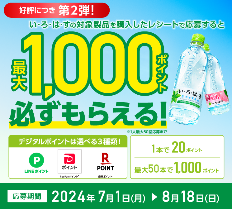 必ずもらえる最大1,000ポイント！ い･ろ･は･す購入のレシートで応募