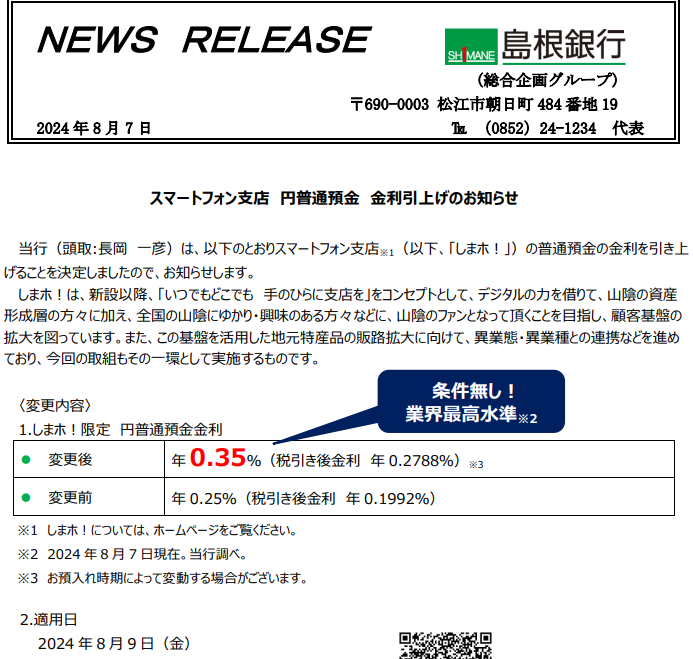 スマートフォン支店 円普通預金 金利引上げのお知らせ