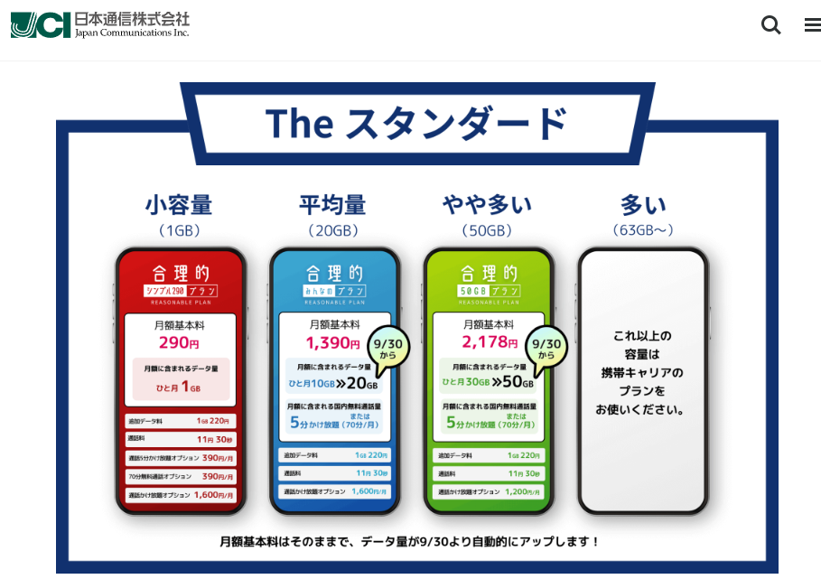 日本通信、50GB＋５分かけ放題で月額2,178円の「合理的50GBプラン」、20GB＋５分かけ放題で月額1,390円の「合理的みんなのプラン」を発表｜日本通信 ニュース・お知らせ