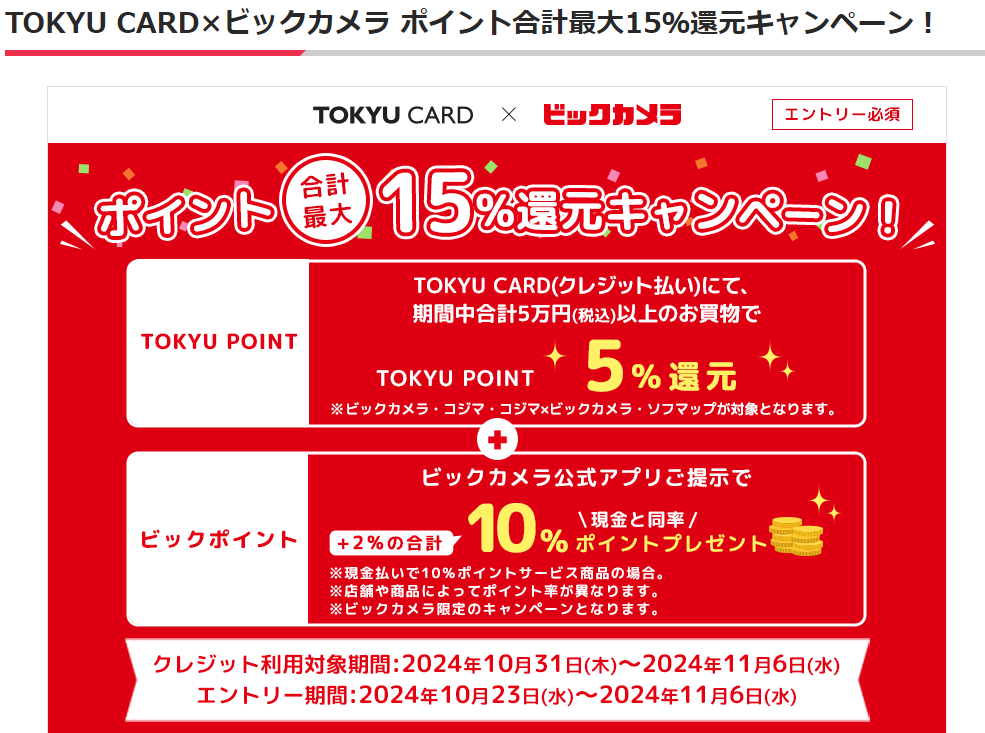 TOKYU CARD×ビックカメラ ポイント合計最大15％還元キャンペーン！│東急カード－電車でもお買物でもポイントが貯まる