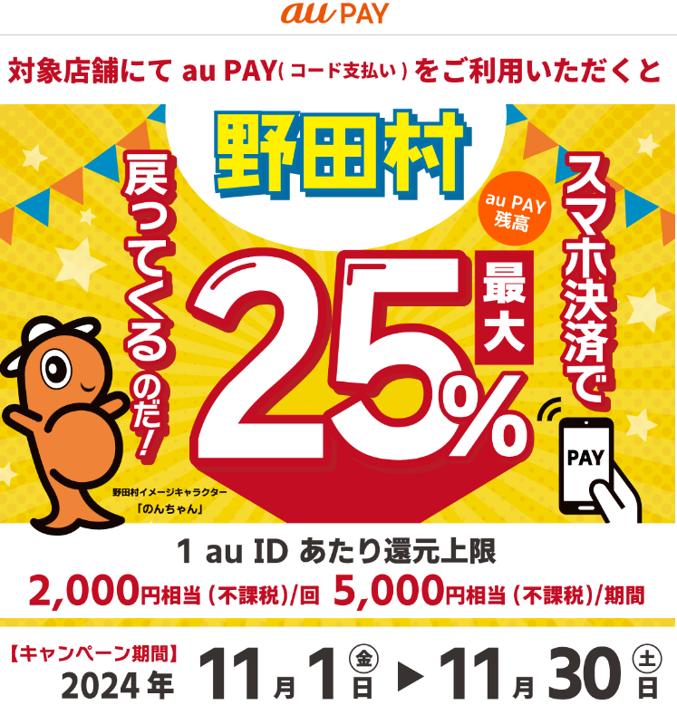 行こう！買おう！野田村で最大25％が戻ってくるキャンペーン｜au PAY