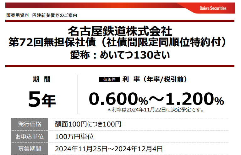 名古屋鉄道株式会社第72回無担保社債 | 大和証券