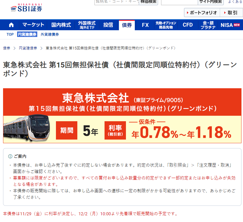東急株式会社第15回無担保社債｜SBI証券