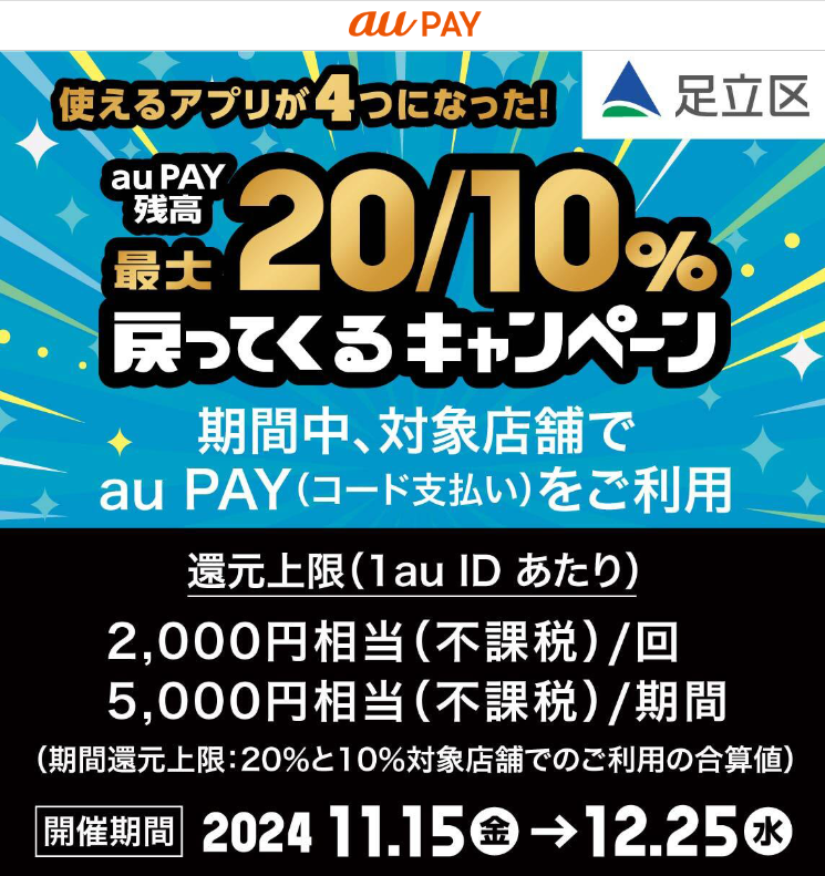 使えるアプリが4つになった！キャッシュレスで最大20％戻ってくるキャンペーン｜au PAY