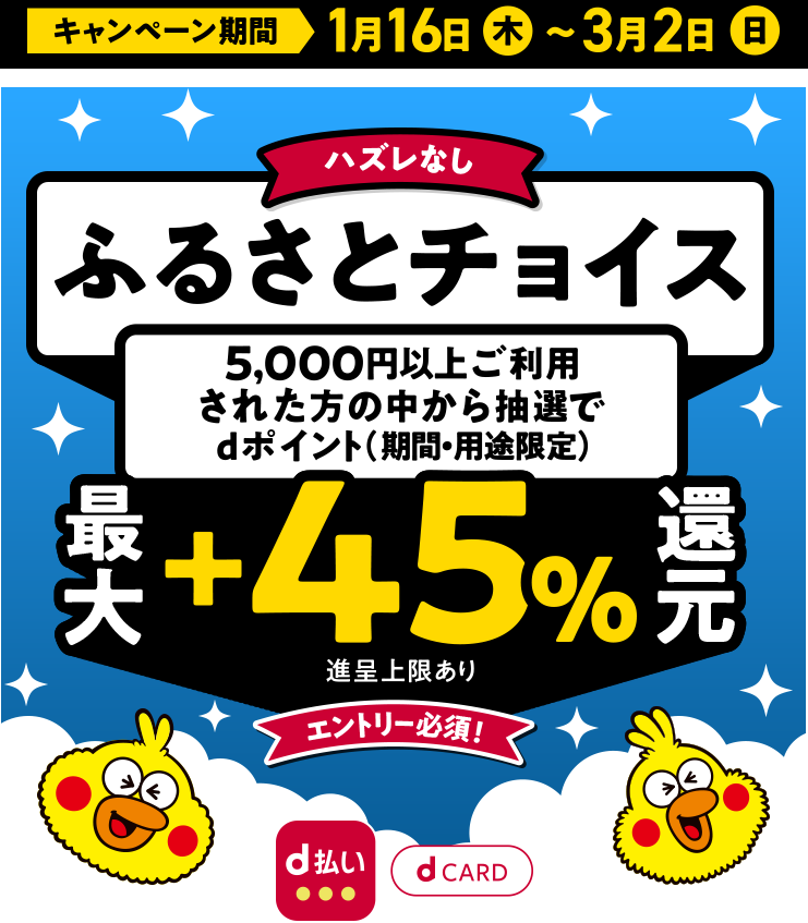 ハズレなし！抽選で最大＋45%還元【全員に当たる！】2025年ふるさとチョイス還元祭?|キャンペーン期間 2025年1月16日（木）0：00～2025年3月2日（日）23：59