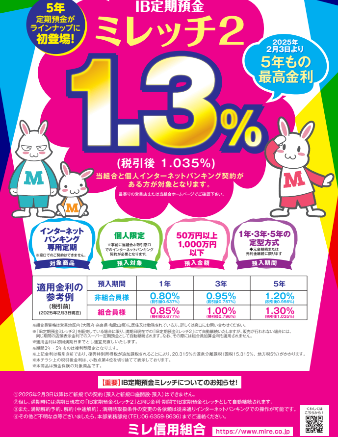IB定期預金ミレッチ２（インターネットバンキング専用定期預金）｜ミレ信用組合