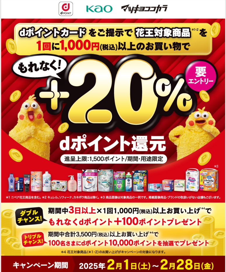 【dポイントクラブ】マツモトキヨシ・ココカラファイン 花王対象商品でもれなく＋20％dポイント還元キャンペーン | キャンペーン
