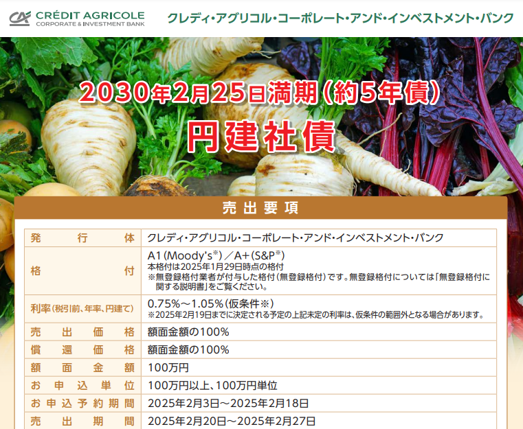 クレディ・アグリコル・CIB 2030年2月25日満期円建社債
