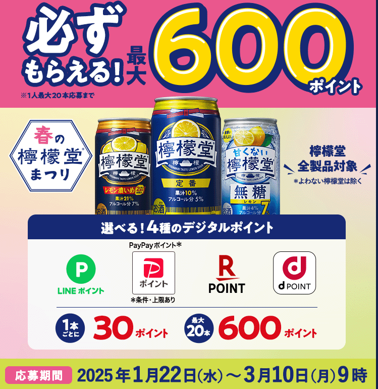 春の檸檬堂まつり レシートで必ずもらえる！最大600ポイントキャンペーン
