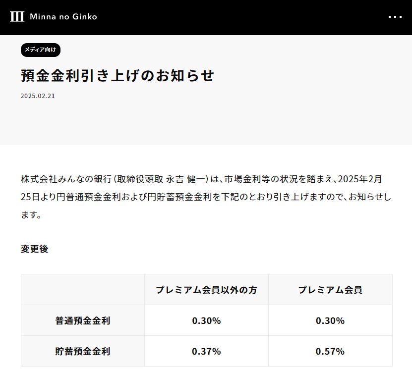 預金金利引き上げのお知らせ｜みんなの銀行