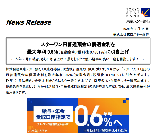 スターワン円普通預金の優遇金利を最大年利 0.6％に引き上げ｜東京スター銀行