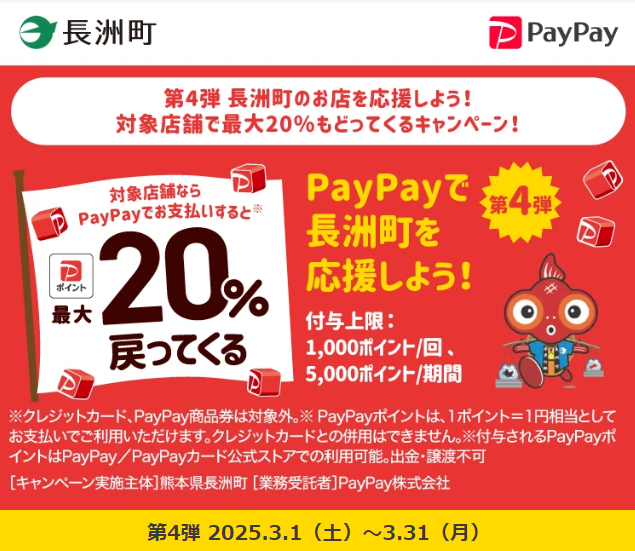 第4弾 長洲町のお店を応援しよう！対象店舗で最大20％もどってくるキャンペーン！｜PayPay
