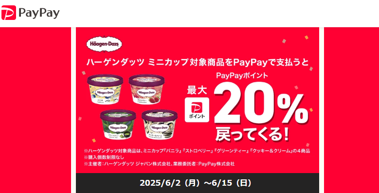 ハーゲンダッツミニカップ対象商品の購入で最大20％戻ってくる - キャッシュレス決済のPayPay