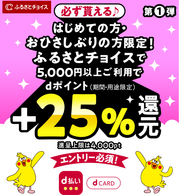【ふるさとチョイス】初めての方・お久しぶりの方限定！必ず貰える＋25％還元キャンペーン！期間2025年7月3日（木）0：00～2025年7月28日（月）23：59
