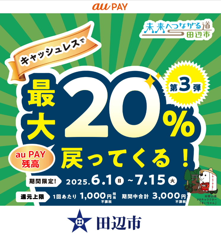 田辺市キャッシュレス決済ポイント最大20％戻ってくるキャンペーン 第3弾｜au PAY