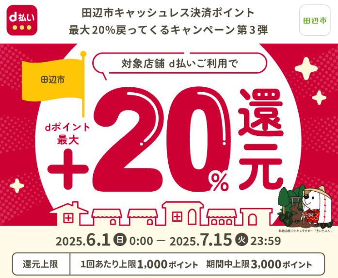 田辺市キャッシュレス決済ポイント最大20％戻ってくるキャンペーン 第3弾 | d払い
